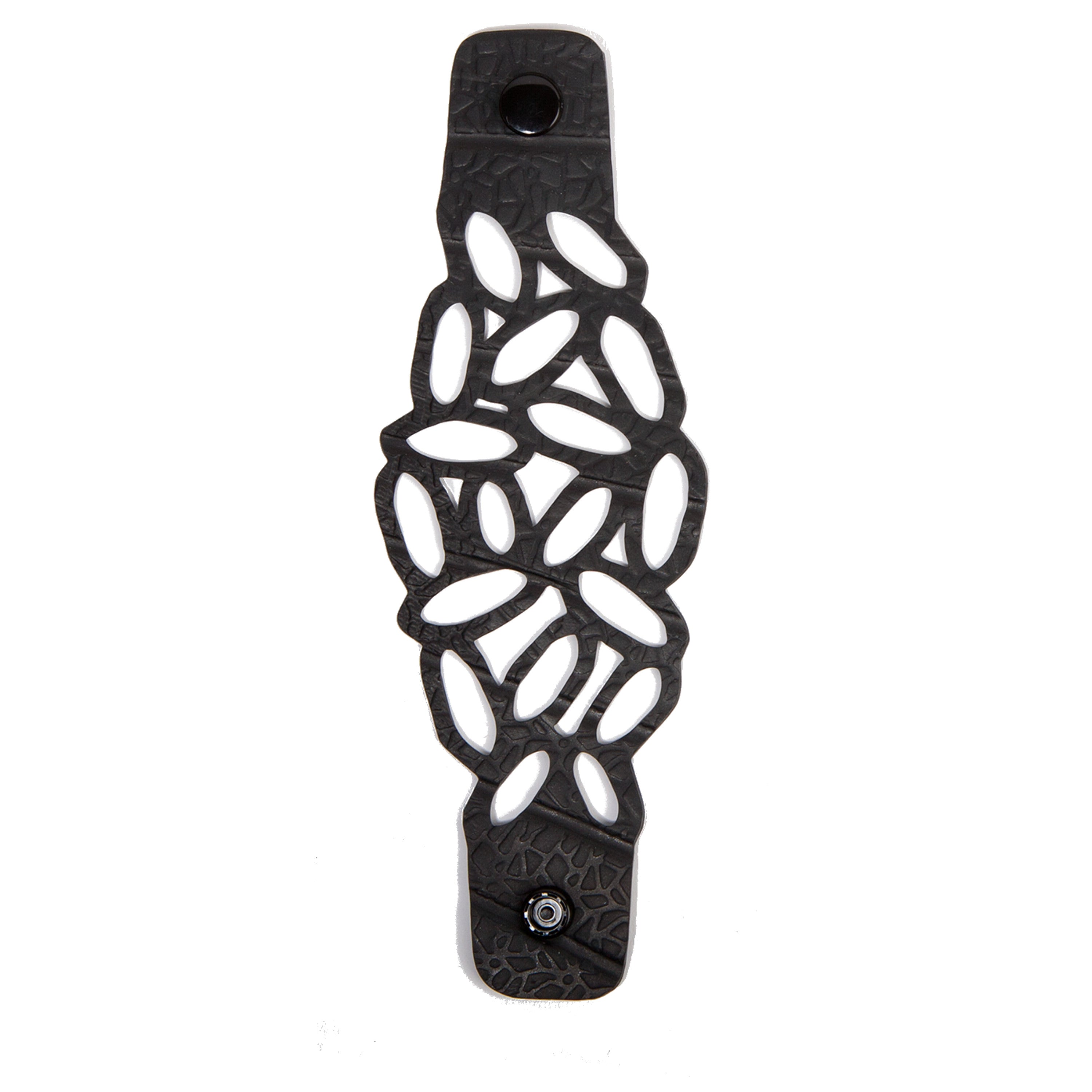 Paguro Upcycle recycled rubber bracelet with black cutout design and snap button closure