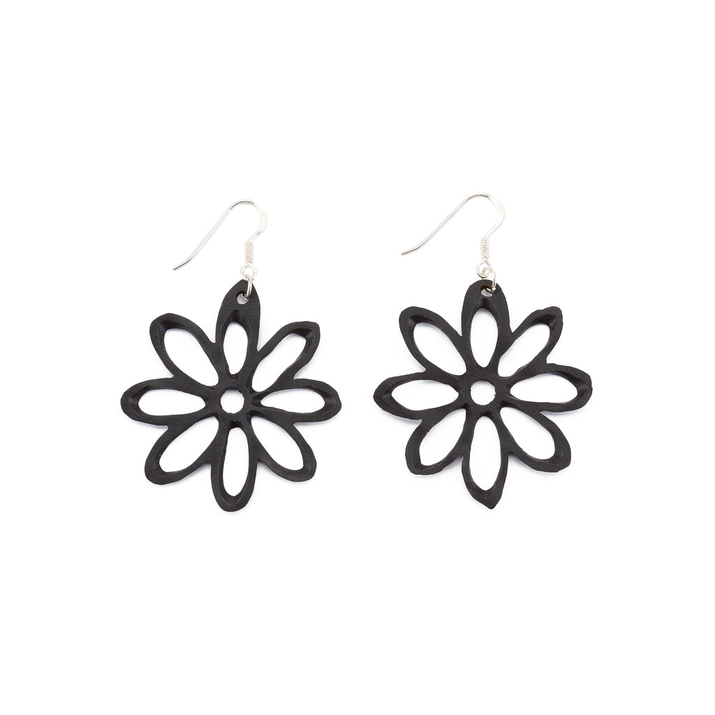 Paguro Upcycle recycled rubber flower earrings in black with silver hooks eco-friendly jewelry