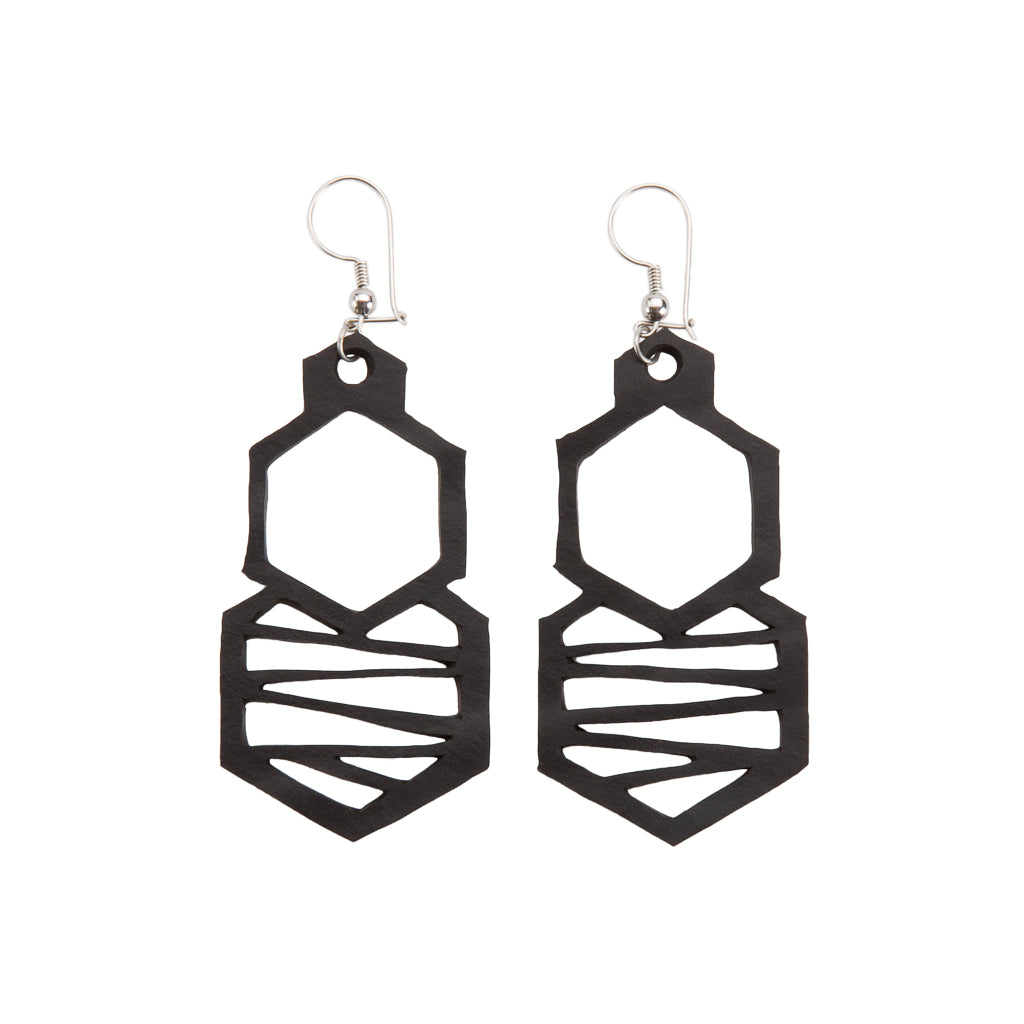 Paguro Upcycle black geometric hexagon drop upcycled rubber earrings with silver hooks lightweight eco friendly