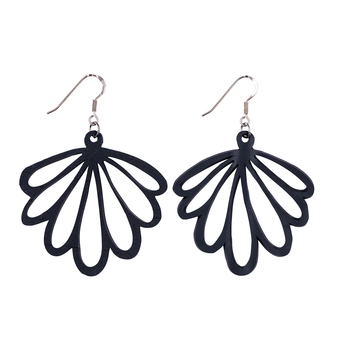 Paguro Upcycle black recycled rubber earrings with open petal design and silver hooks