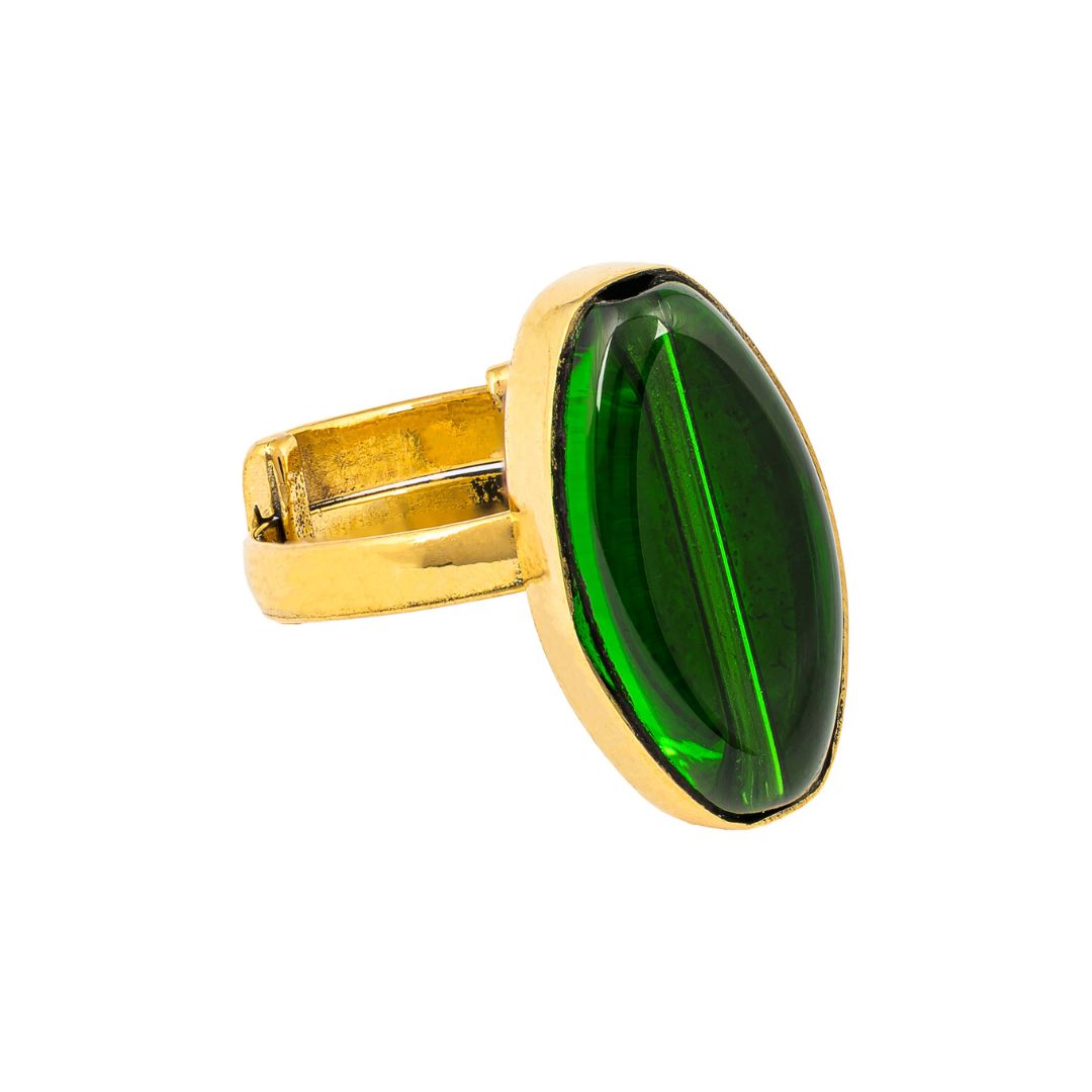 Paguro Upcycle Recycled Brass & Glass Ring with a Green Oval Stone for Eco-Friendly Fashion