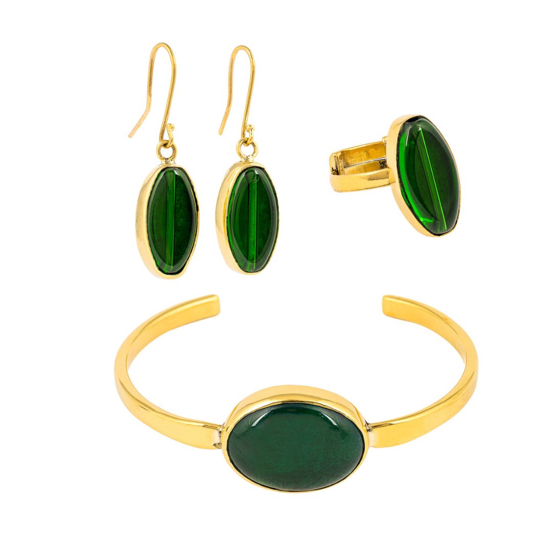 Paguro Upcycle recycled brass & glass bangle with matching ring and earrings in green