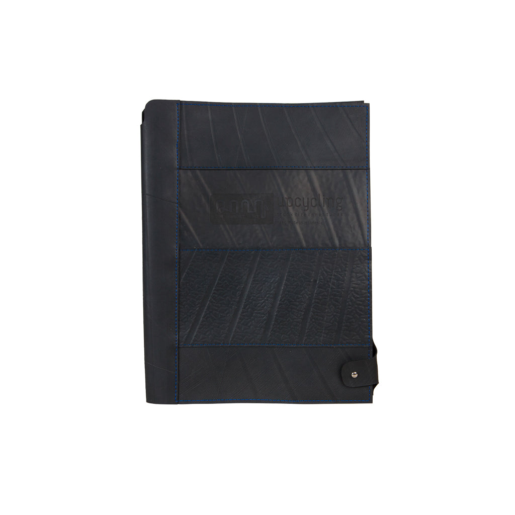 Paguro Upcycle recycled rubber notebook holder folder with black textured finish and snap closure