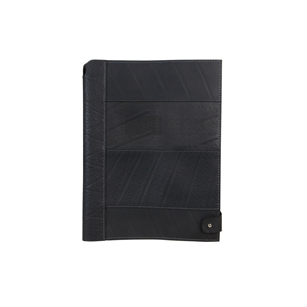 Paguro Upcycle recycled rubber notebook holder folder in black with stitched panel design and snap closure