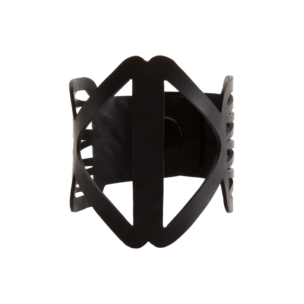 Paguro Upcycle black geometric cuff recycled rubber bracelet with wide cutout design and matte finish
