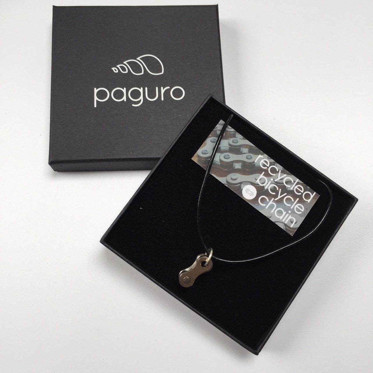 Paguro Upcycle recycled bike chain pendant necklace in a gift box for eco-friendly jewellery lovers