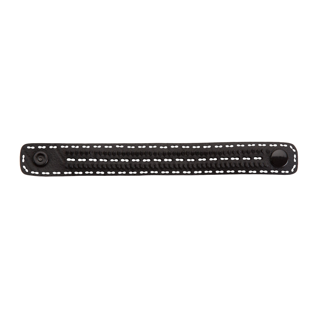 Paguro Upcycle black recycled rubber bracelet with white stitching and snap button closure